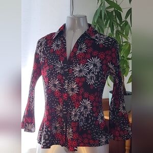 Laura Red, Black White Floral Women's Blouse